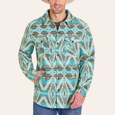 Rock & Roll Denim Men's Turquoise & Cream Aztec Print Jacquard Shirt Jacket In Multi