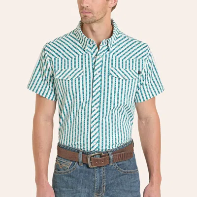 Rock & Roll Denim Men's Turquoise & White Aztec Stripe Print Pearl Snap Tek Western Shirt In Blue