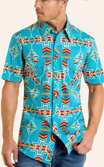 Rock & Roll Denim Men's Turquoise Aztec Print Shirt In Blue