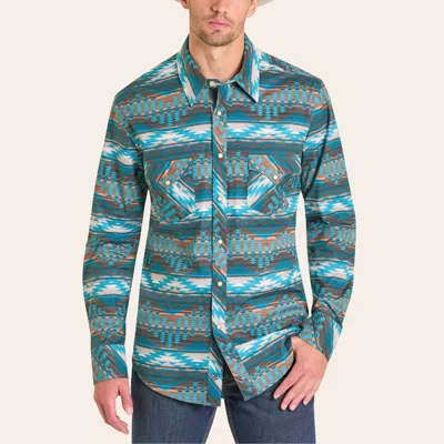 Rock & Roll Denim Men's Turquoise Aztec Print Western Shirt In Blue