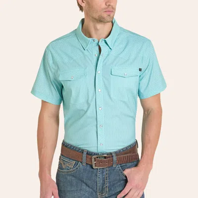 Rock & Roll Denim Men's Turquoise Micro Stripe Print Pearl Snap Tek Western Shirt In Blue