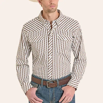Rock & Roll Denim Men's White & Brown Aztec Stripe Print Long Sleeve Pearl Snap Tek Western Shirt
