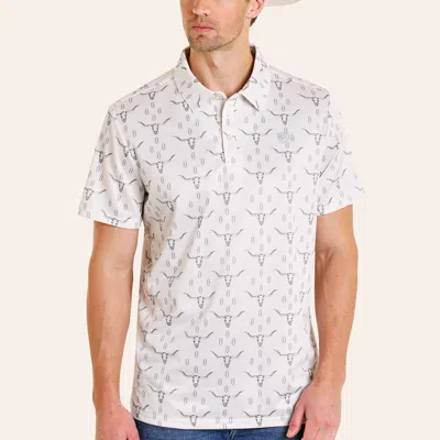 Rock & Roll Denim Men's White Steer Skull Print Polo Shirt In Sand