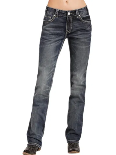 Rock & Roll Denim Mid Rise Boot Cut Boyfriend Fit Jeans In Dark Wash In Gray