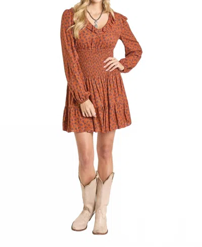 Rock & Roll Denim Mini Dress With Smocked Bodice In Rust In Brown