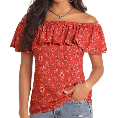 Rock & Roll Denim Ots Flounce Top In Red In Multi