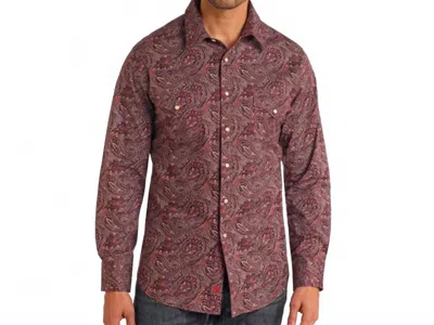 Rock & Roll Denim Paisley Printed Long Sleeve Snap Shirt In Burgundy In Purple