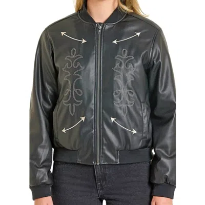 Rock & Roll Denim Pleather With Applique Bomber Jacket - Plus In Black