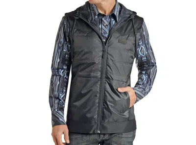 Rock & Roll Denim Poly Fill Hooded Vest In Indigo In Black