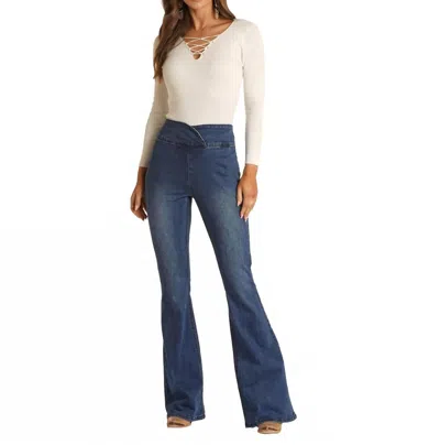 Rock & Roll Denim Pull On Scalloped Waist Bell Bottoms Flare Jeans In Medium Wash In Blue