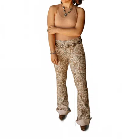 Rock & Roll Denim Reversible Floral Horse Shoe Flare Pants In Beige In Brown