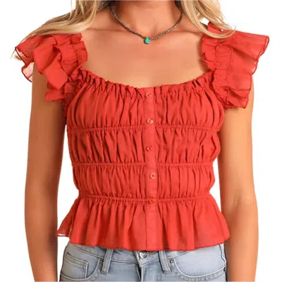 Rock & Roll Denim Ruched Peplum Top In Rust In Red