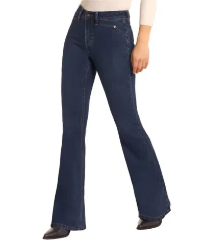 Rock & Roll Denim Scallop Detail Button Flare Jeans In Dark Wash In Blue