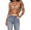 Rock & Roll Denim Scenic Mesh Long Sleeve Top In Brown Multi In Brown