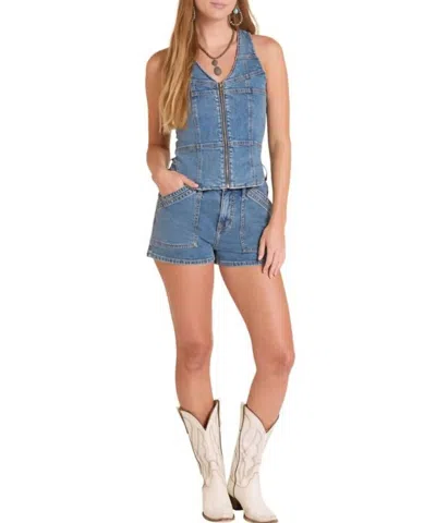 Rock & Roll Denim Seamed Denim Zip Up Vest In Blue