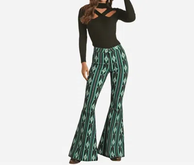 Rock & Roll Denim Serape Bell Bottom Jeans In Teal Black Gray White In Green