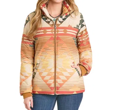 Rock & Roll Denim Serape Hooded Puffer Jacket In Cream In Multi