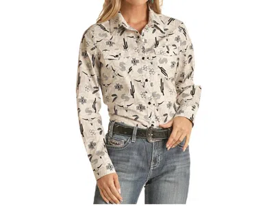 Rock & Roll Denim Skull Snap Long Sleeve Shirt In White