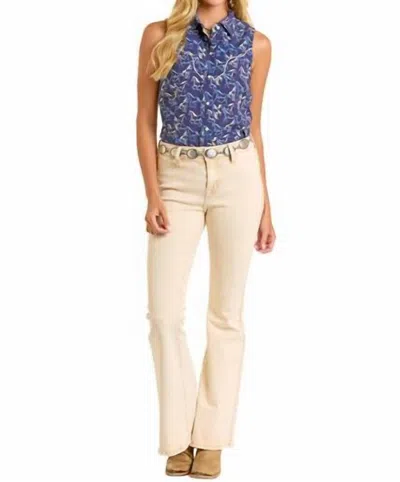 Rock & Roll Denim Sleeveless Horse Print Snap Front Blouse In Blue