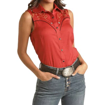 Rock & Roll Denim Sleeveless Snap Front Western Shirt In Red