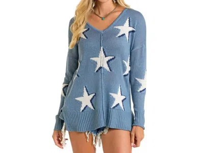 Rock & Roll Denim Star Print Sweater In Cerulean In Blue