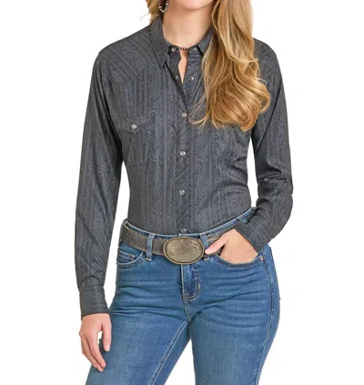 Rock & Roll Denim Tek Paisley Print Snap Shirt In Black In Blue