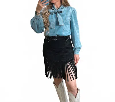 Rock & Roll Denim The Studded Fringe Buckle Skirt In Black