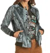 Rock & Roll Denim Velour Bomber Jacket In Teal In Blue