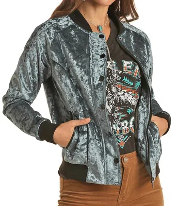 Rock & Roll Denim Velour Bomber Jacket In Teal In Blue