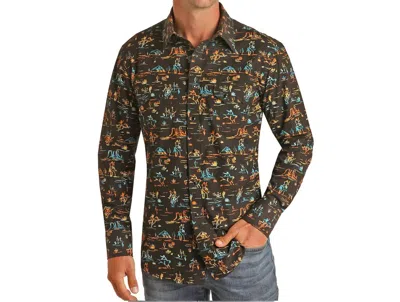 Rock & Roll Denim Western Snap Shirt In Black In Green