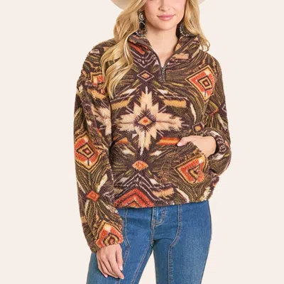 Rock & Roll Denim Women's Aztec Print Quarter Zip Fleece Jacket In Green