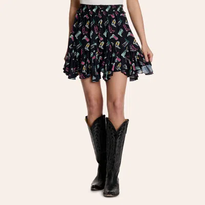 Rock & Roll Denim Women's Black Boot Print Ruffled Mini Skirt