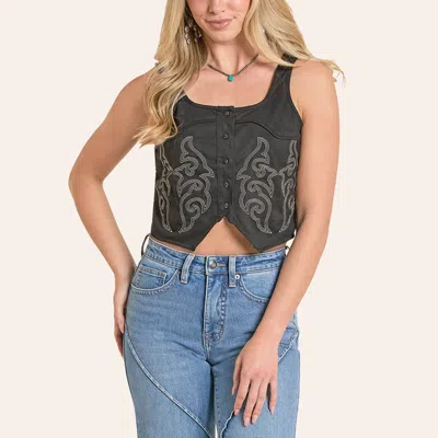 Rock & Roll Denim Women's Black Boot Stitch Embroidered Microsuede Tank Top