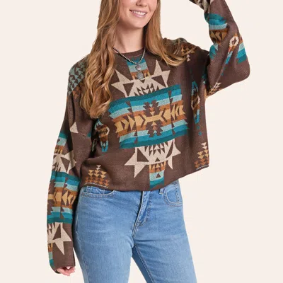 Rock & Roll Denim Women's Brown Aztec Print Cropped Sweater