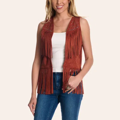 Rock & Roll Denim Women's Brown Faux Suede Studded Fringe Vest In Multi