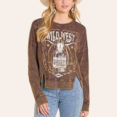 Rock & Roll Denim Women's Brown Wild West Graphic Split Hem Top