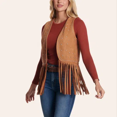 Rock & Roll Denim Women's Camel Studded Fringe Vest In Brown