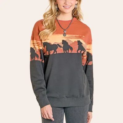 Rock & Roll Denim Women's Charcoal & Rust Border Print Sweatshirt In Orange