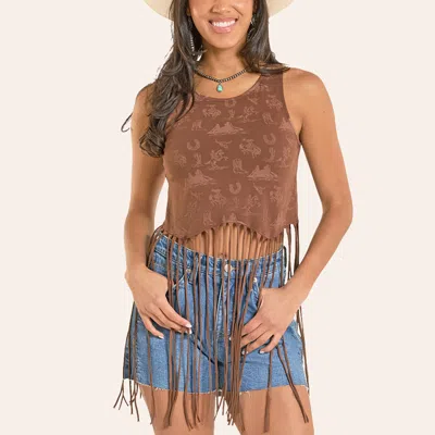 Rock & Roll Denim Women's Chocolate Western Print Fringe Tank Top In Brown