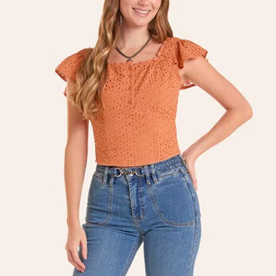 Rock & Roll Denim Women's Cinnamon Eyelet Flutter Sleeve Top In Orange