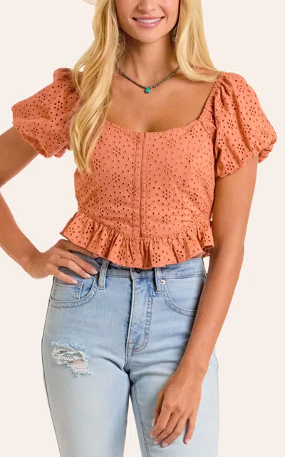 Rock & Roll Denim Women's Coral Eyelet Puff-sleeve Top In Orange