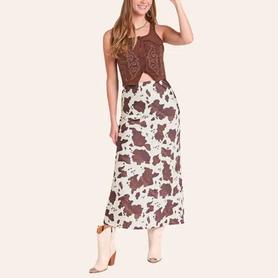 Rock & Roll Denim Women's Cow Print Satin Midi Skirt In Natural