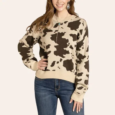 Rock & Roll Denim Women's Cream & Brown Cow Print Sweater