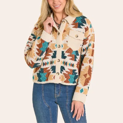 Rock & Roll Denim Women's Cream Aztec Print Sherpa Cardigan In Blue