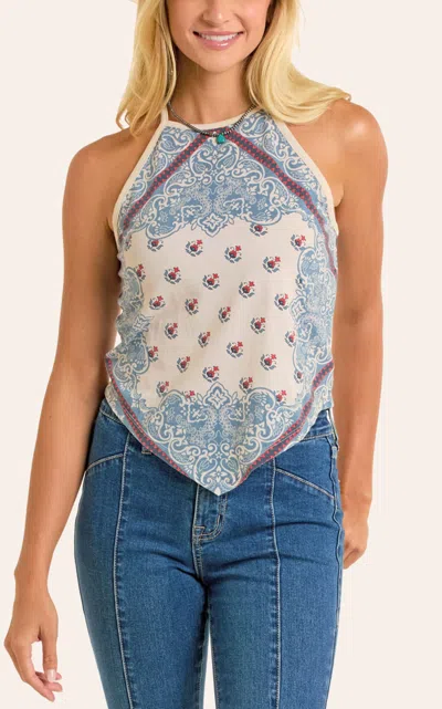 Rock & Roll Denim Women's Cream Blue & Red Bandana Halter Tank Top In Brown