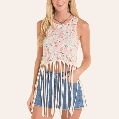 Rock & Roll Denim Women's Cream Boot Print Fringed Cropped Tank Top In Pink