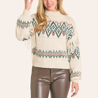 Rock & Roll Denim Women's Cream Geo Stripe Fringe Sweater In Brown