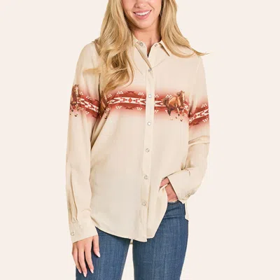 Rock & Roll Denim Women's Cream Horse Print Long Sleeve Pearl Snap Western Shirt In Sand