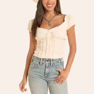 Rock & Roll Denim Women's Cream Smocked Ruffle Tie Front Top In White