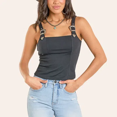 Rock & Roll Denim Women's Dark Gray Buckle Strap Tank Top In Black